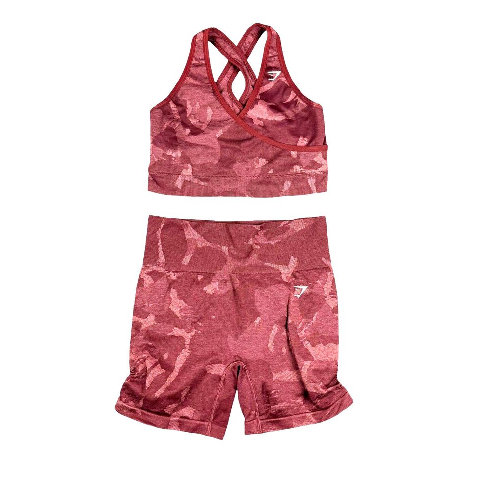 Gymshark Sports Bra Shorts Set Women’s Medium Red Camo Workout Adapt Seamless